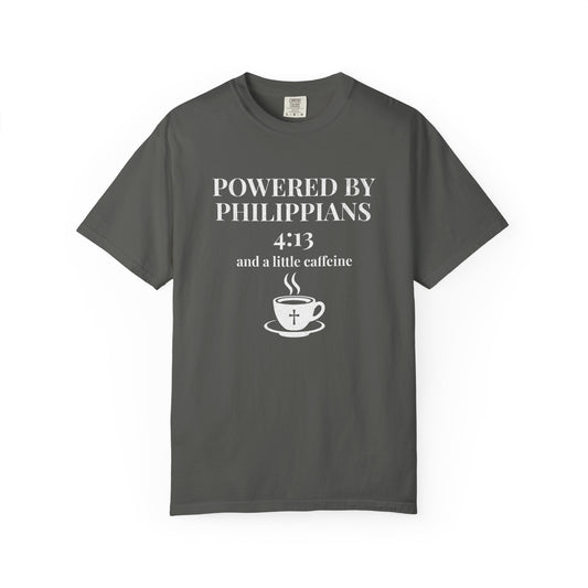 Powered by Philippians 4:13 and a Little Caffeine Distressed Christian Coffee T-Shirt